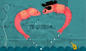 Quirk valentine's card of two spanish prawns kissing and saying 'Te Quiero'